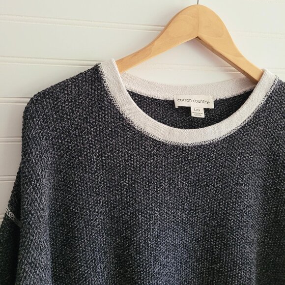 Cotton Country Sweater Womens Large Gray Cabin Style Striped Cuffs Slouchy - Picture 2 of 10